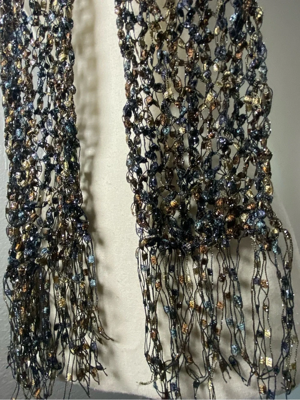Y2K Blue & Tan Crochet Fringe Scarf
